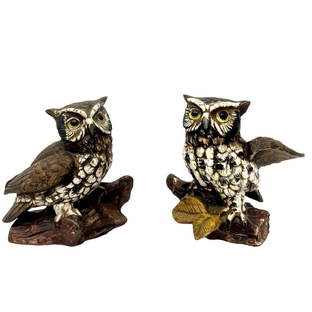 Vintage HOMCO #1114 SET of 2 Great Horned Owls on Branches 5" Bisque Figurines